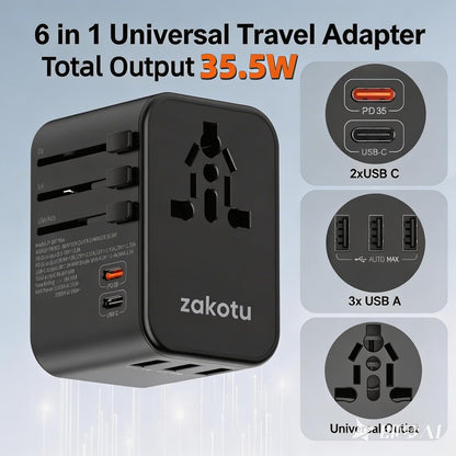 Universal All in One 35.5W Worldwide Travel Adapter with PD&QC 3.0 Dual USB-C, 3 USB Travel Adapter Worldwide, International Power Adapter with Type I C G A Outlets 110V 220V A/C-EU Euro US UK