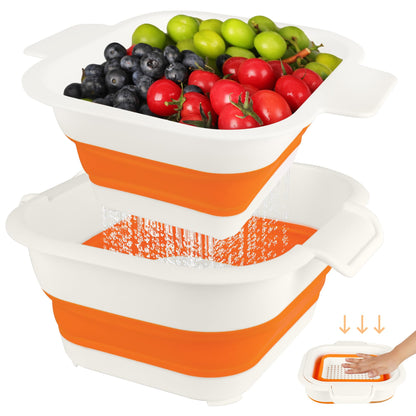 ROTTOGOON Collapsible Colander Set with Strainer Bowl, 2 in 1 Fruit Washing Basket with Strainer, 5 + 3 QT Plastic Colanders for Kitchen, Foldable Double Layered Colanders Bowl for Vegetable, Grey