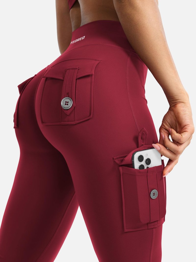 YEOREO CoreFlex Women Workout Flare Leggings with Pockets Scrunch Cargo Gym Yoga Leggings Wine S