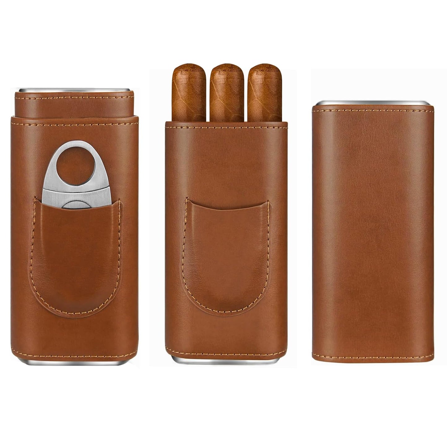 cgaplus 3-Finger Leather Cigar Case with Cutter Cedar Wood Lined Cigar Humidor Portable Travel Cigar Case(Brown)
