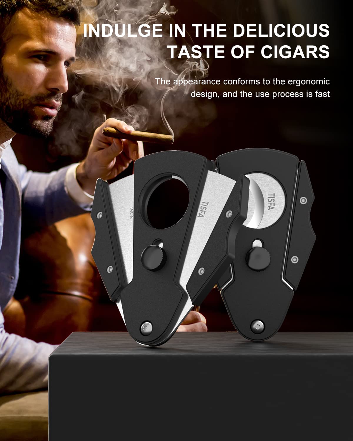 TISFA Cigar Cutter Stainless Steel Double Cut Blade with Safety Lock Cigar Guillotine, Sharp Cigar Clipper Scissors with Leather Case (Black)