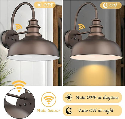 Bestshared Dusk to Dawn Gooseneck Barn Lights 16 Inch Dome Anti-Rust Farmhouse Outdoor Wall Sconce Outside Wall Mount Lighting Fixture Front Door Lantern Lamp for Patio(ORB+White,16” Dome-2Pack)