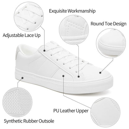 Adokoo Women's Fashion Sneakers PU Leather Casual Shoes White Tennis Low Top Shoes Womens Lace Up Sneakers(White,US8)
