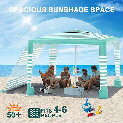 Rhino Valley Beach Cabana, 8 * 8FT Beach Tent UPF50+ Protection, Easy Setup Beach Canopy Wind Resistant with Cup Holder, Compact Beach Shade Foldable Beach Tent Sun Shelter, Green White