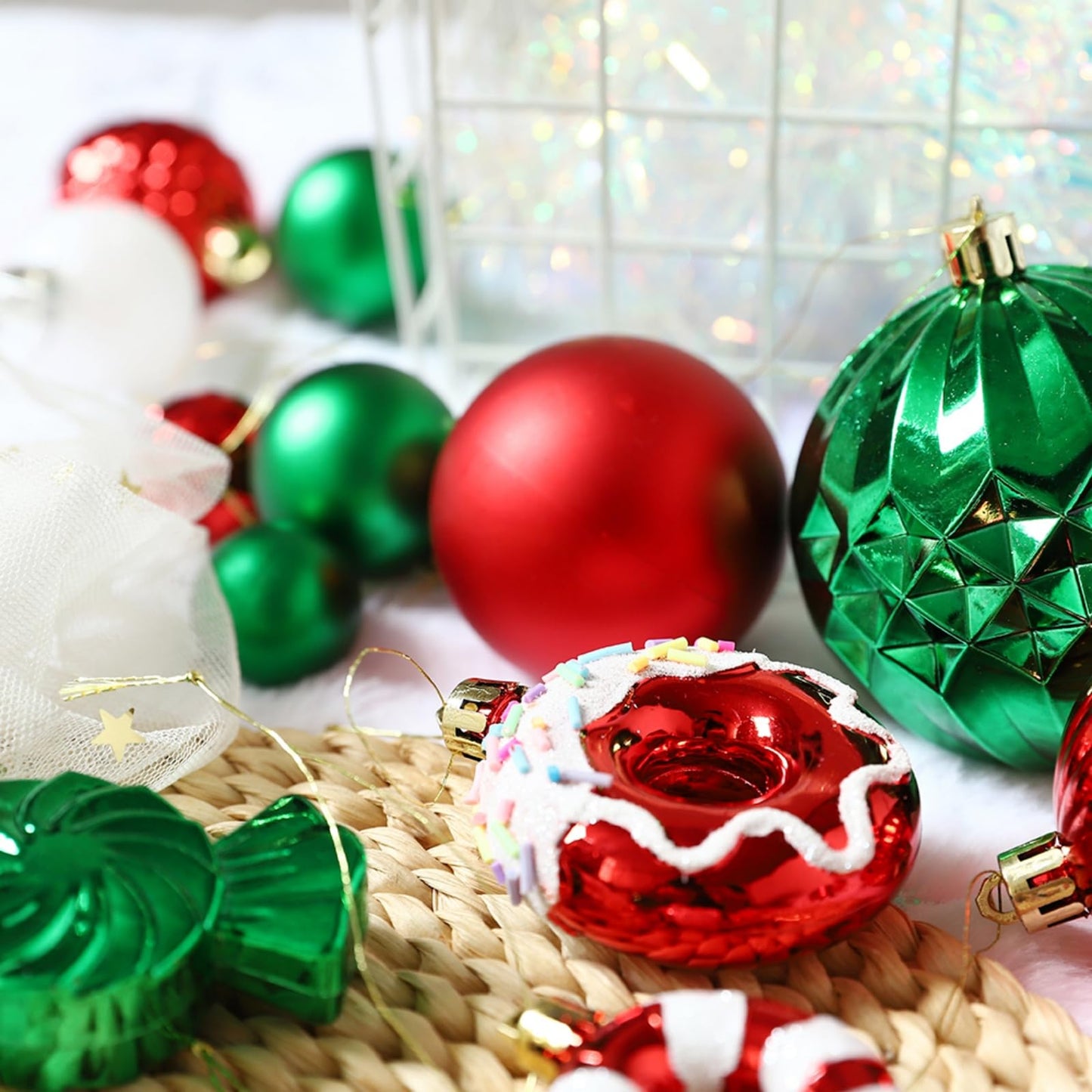 56Pcs 21Styles Christmas Balls Hanging Ornaments Set,Red Green and White Assorted Shatterproof Plastic Christmas Balls Baubles with Candy Canes,Donuts for Xmas Tree Holiday Home Party Decorations