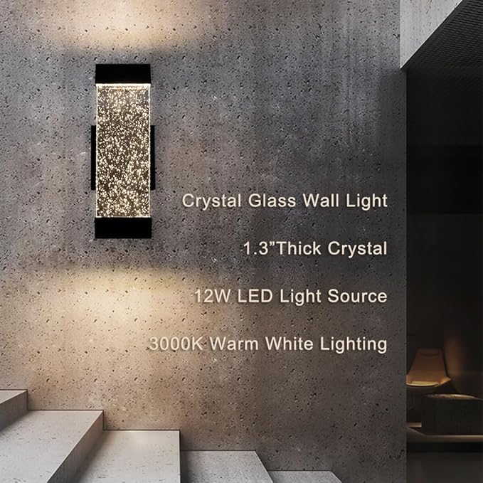 Cerdeco Modern Crystal Bubble Outdoor Wall Light, Matte Black Painted, 12 W 3000 K Warm White Up Down Light Fixture