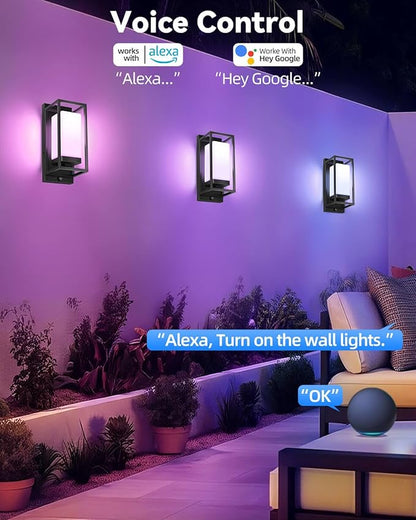 SHIMR Smart Outdoor Wall Lights 2 Pack, WiFi RGB Color Changing Sconce 2700K–6500K Tunable White, Dusk to Dawn Outdoor Light Fixture with E26 Base for House Porch Garage, Work with Alexa & Google