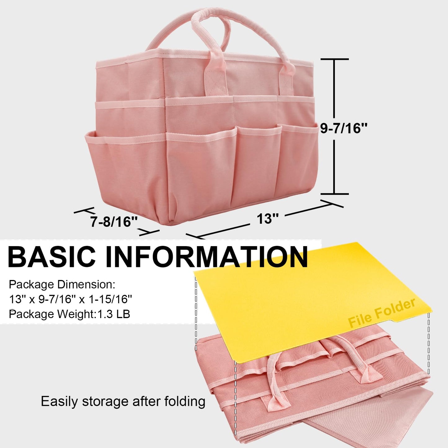 Cupohus Art Organizer Craft Storage Tote Bag with Pockets and Handles, Oxford Fabric Carrying Caddy for Teacher, Officer, Artist, Traveler, and more –Pink