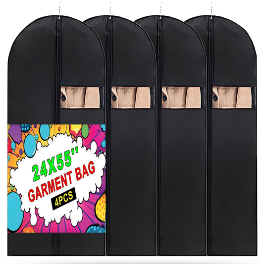 DOTUHAO Garment Bag, 24'' x 55'' Suit Bag, 4 Packs, Dress Bags for Gowns, Garment Bags for Travel, Travel Garment Bag, Garment Bags for Hanging Clothes, Washable Suit Cover for Suits, Coats (Black)