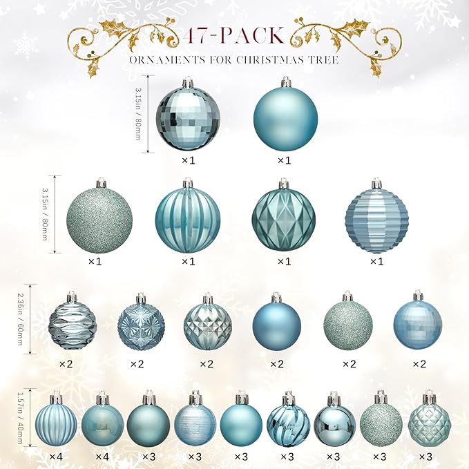 JORNOY Christmas Tree Ornaments Set, 47 Pack Assorted Shatterproof Hanging Balls Decorations, Plastic Bulbs Bulk with Lanyard for Home Holiday Party Decor, 3-Sizes (Sky Blue)