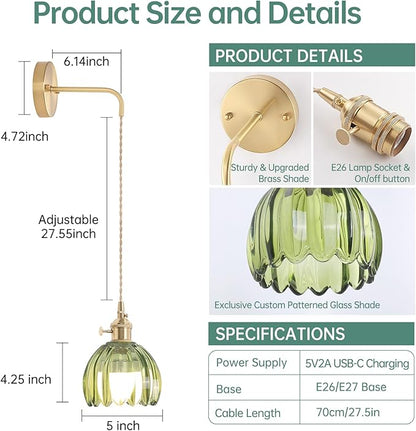 Battery Operated Wall Sconce with Green Tulip Shade Pattern Glass Adjustable Chain Retro Gold Wall Mounted Light, Modern Wall Lamp Fixtures Decor for Bedside Bedroom Indoor Doorway