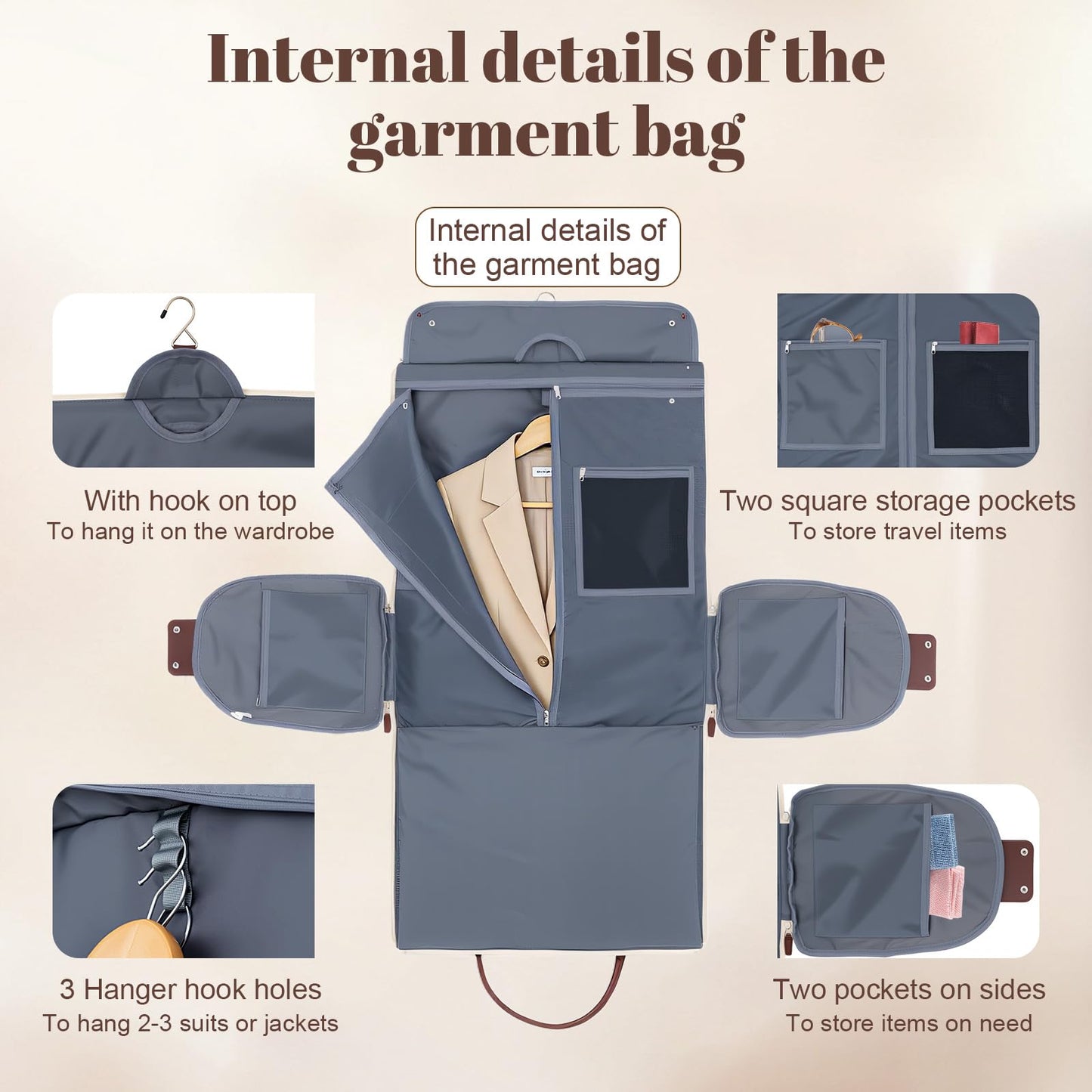 GARPROVM Garment Bags for Travel Women, 3 in 1 Convertible Garment Duffle Bags with Separated Tote Bag, Waterproof Suit Bag Travel Carry On Luggage Weekender Bag for Business Trip, Beige