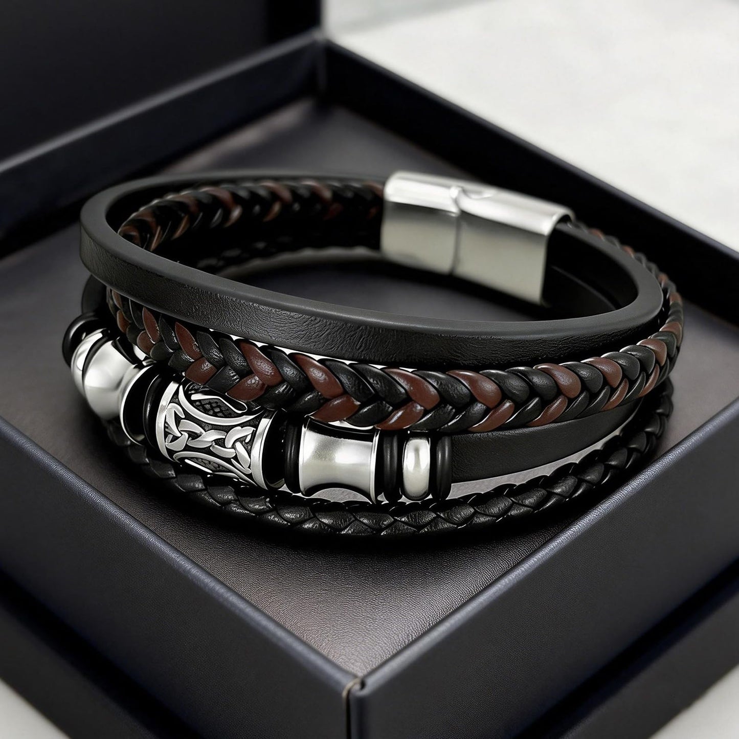 Kim Carrey Italian Handmade Genuine Leather Bracelets for Men Stainless Steel Clip, Men's Casual Genuine Multi-layer Cuff Bracelet, Bracelet Gift for Real Men (8.2“)