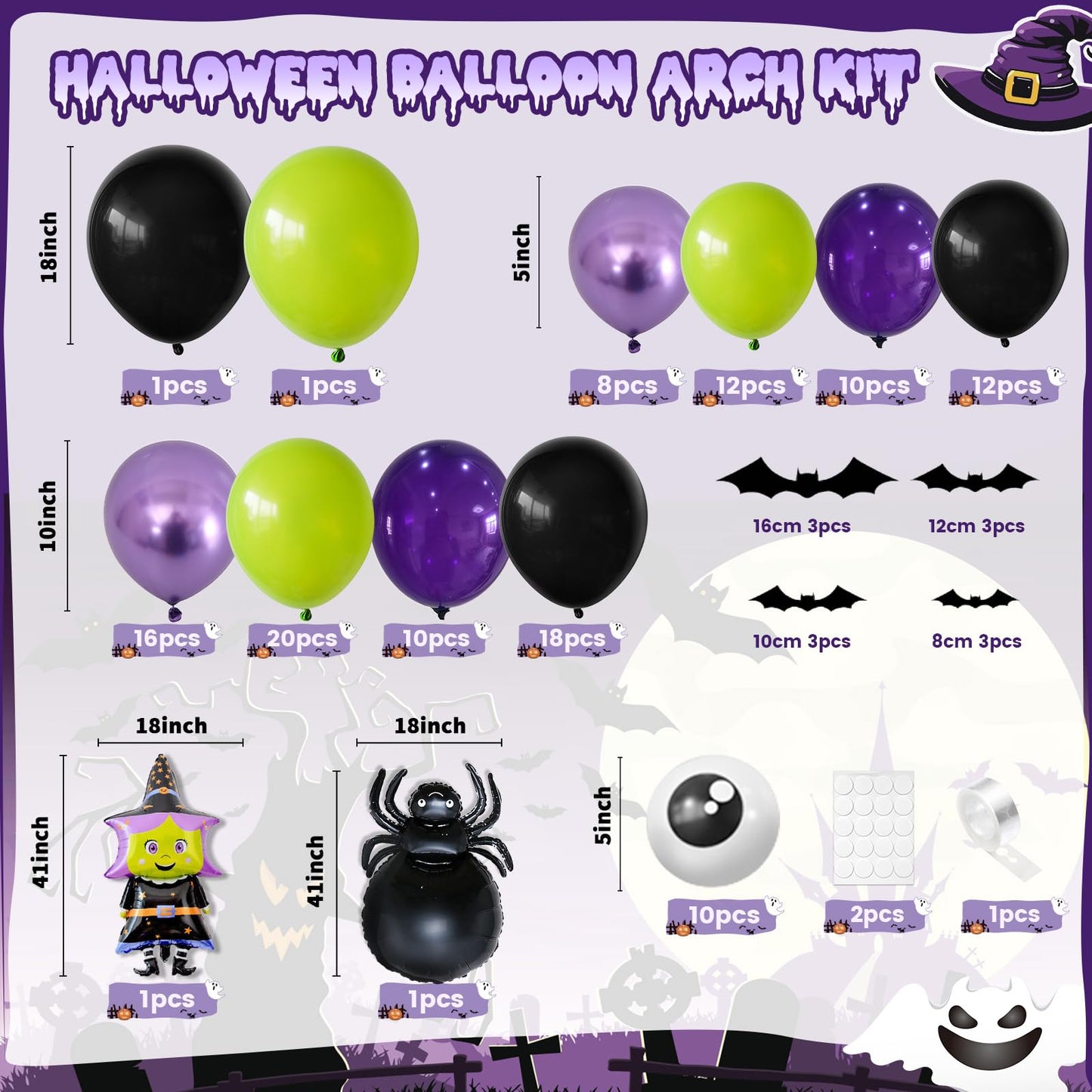 Halloween Balloons Arch Kit, Green Purple Balloon Garland with Foil Balloon Witch Spider Eye Metallic Purple Black Latex Balloons for Horror Halloween Birthday Party Decorations