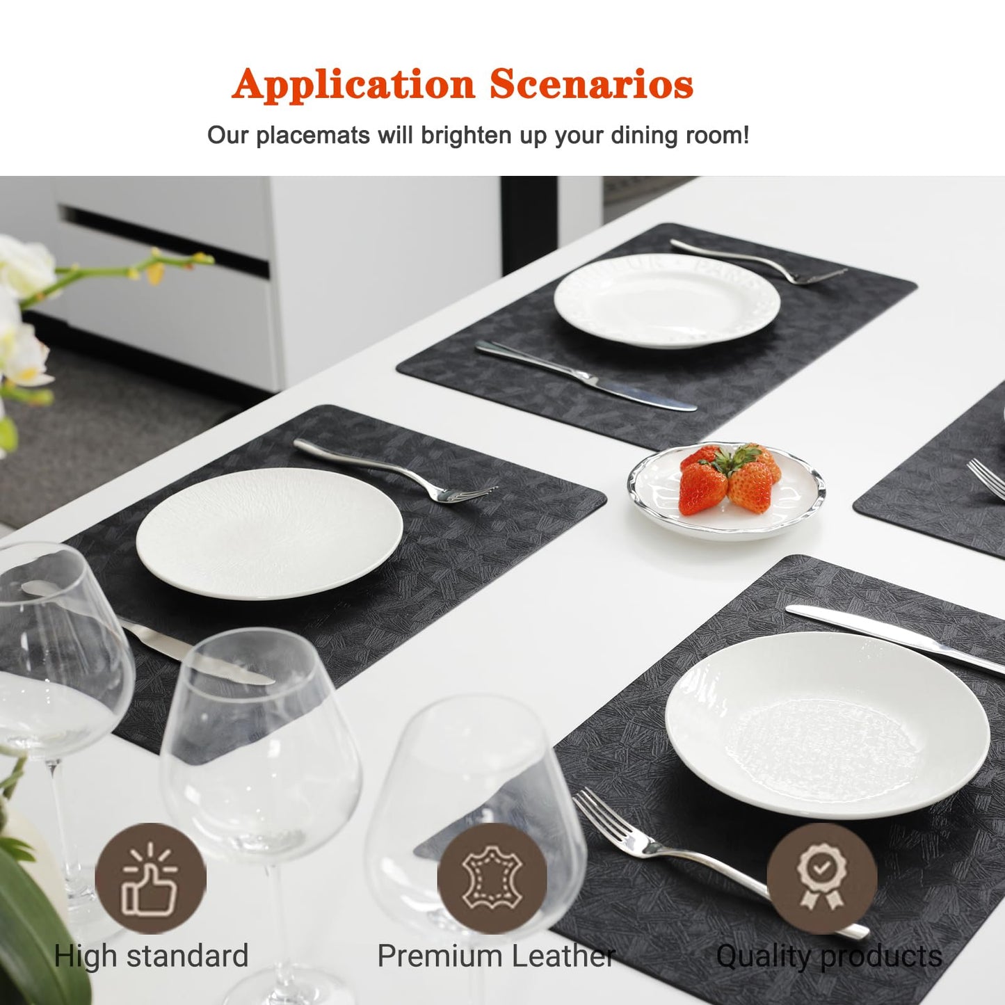 Bxzandya Vinyl Placemats Set of 6 Heat Resistant Easy Clean Non-Slip Place Mats for Dining Table Faux Leather Waterproof Stain Resistant Wipeable Washable PVC Table Mats(6, Black)