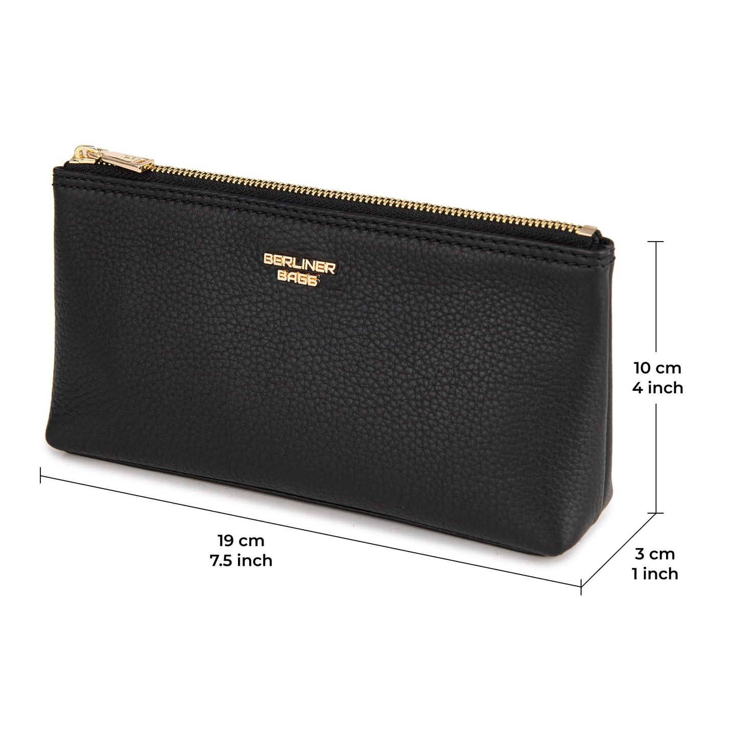 BERLINER BAGS Premium Genuine Leather Makeup Bag Anna, Cosmetic Bag for Purse, Travel and Cosmetics Pouch with Zipper for Women- Black