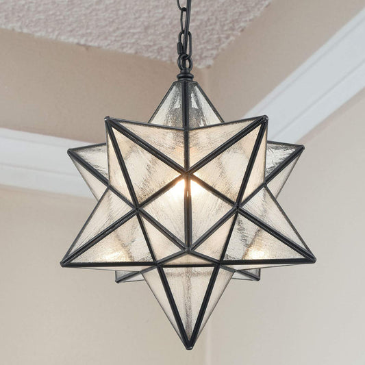 Modern Moravian Star Pendant Light Seeded Large Glass Hanging Lights with Adjustable Chain, 16'' Diameter Shade Lighting for Kitchen Porch Dining Foyer Bedroom
