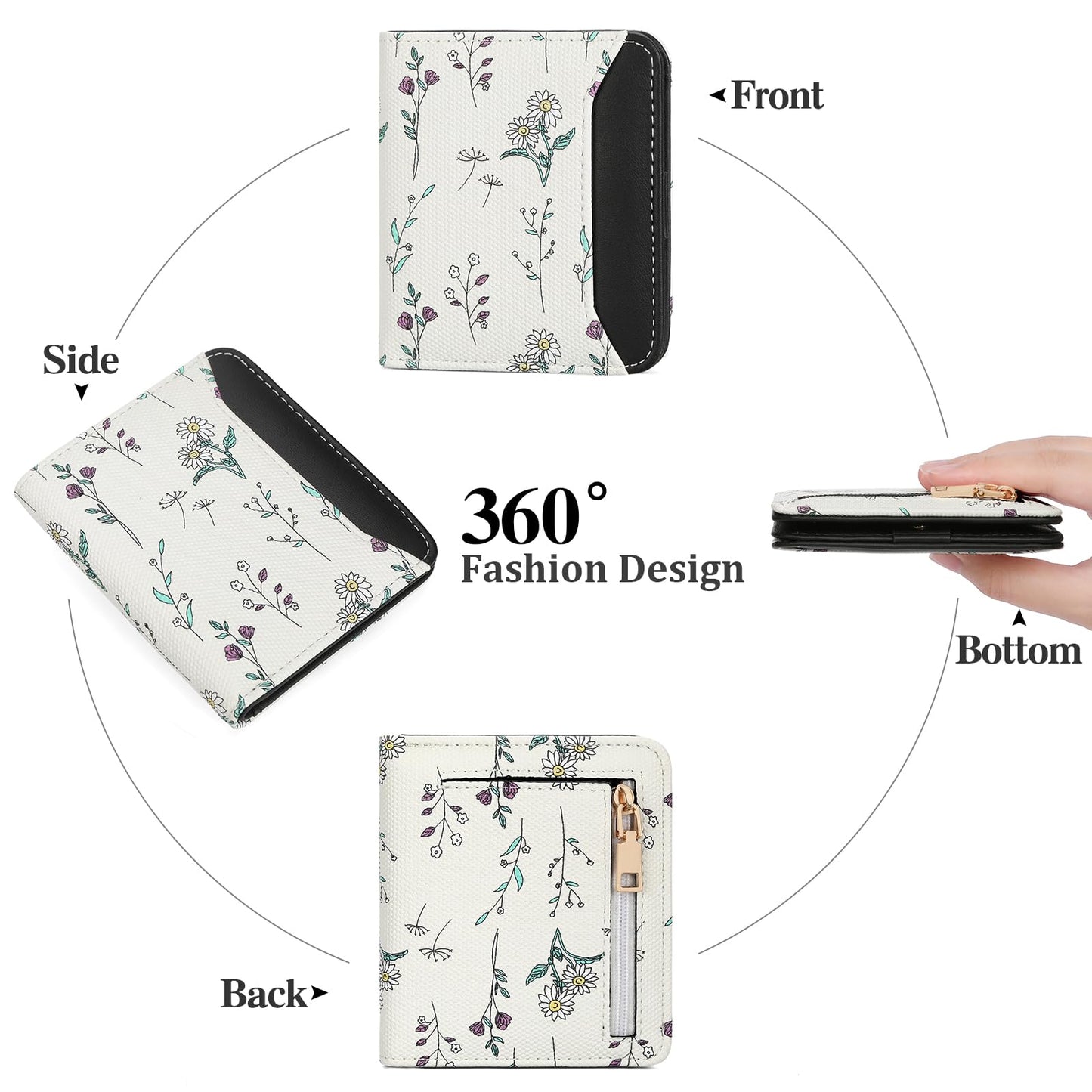 GAEKEAO Small Wallet for Women RFID Leather Bifold Slim Card Holder Cute Flower Wallet for Women with Zipper Coin Pocket