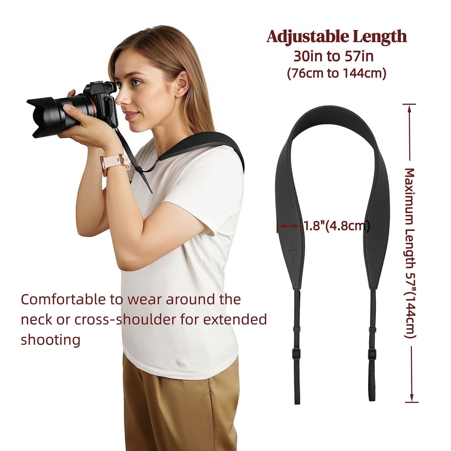 Divvia 1.8”Wide Camera Strap, Fashionable PU Leather Camera Strap for Sony/Nikon/Canon/Minolta/Panasonic/SLR/DSLR Cameras (Black, 1.8 inch)