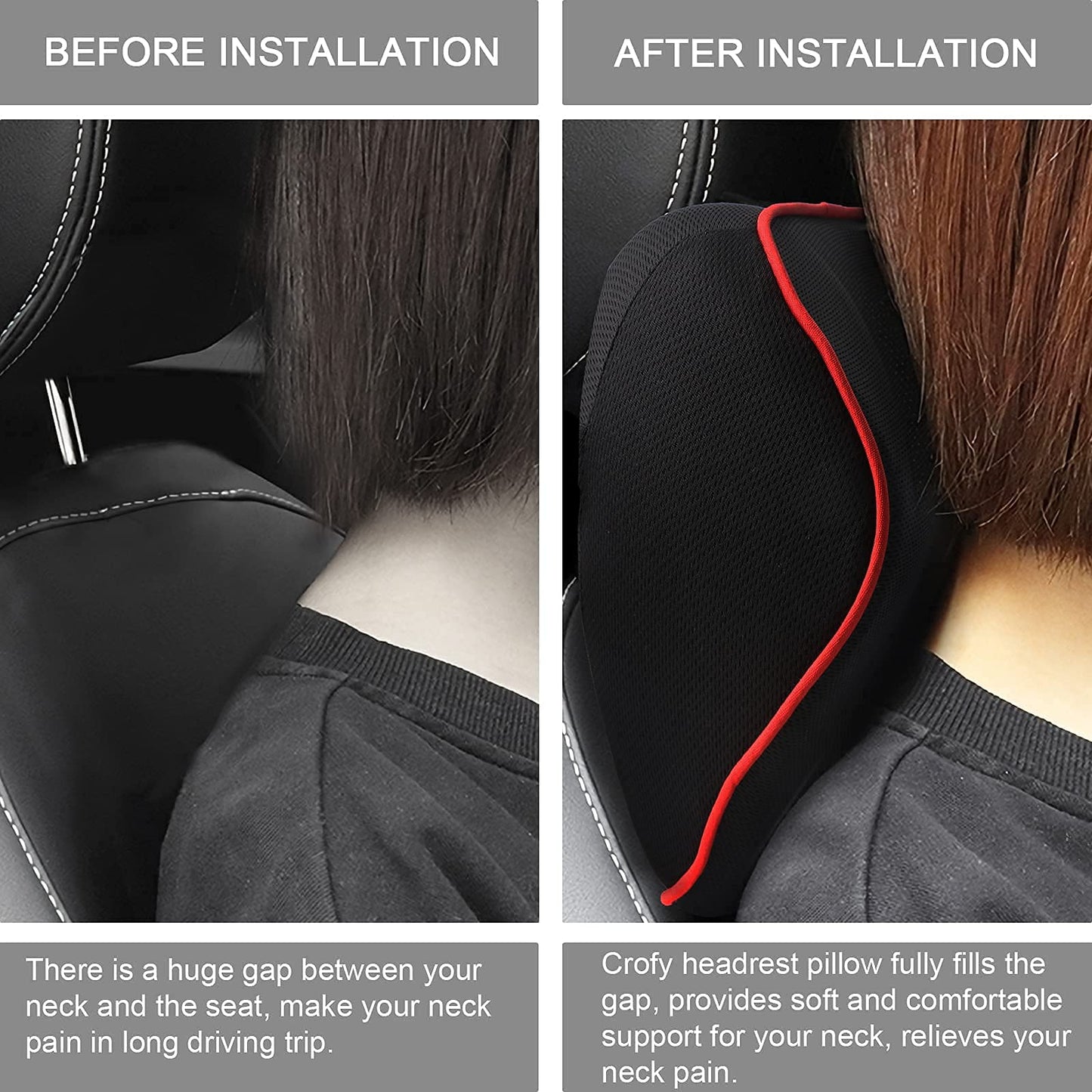Crofy 2-Pack Car Neck Pillow, Softness Car Headrest Pillow for Driving with Adjustable Strap, 100% Memory Foam and Breathable Removable Cover, Comfortable Ergonomic Design, 4.7 Inches Thick