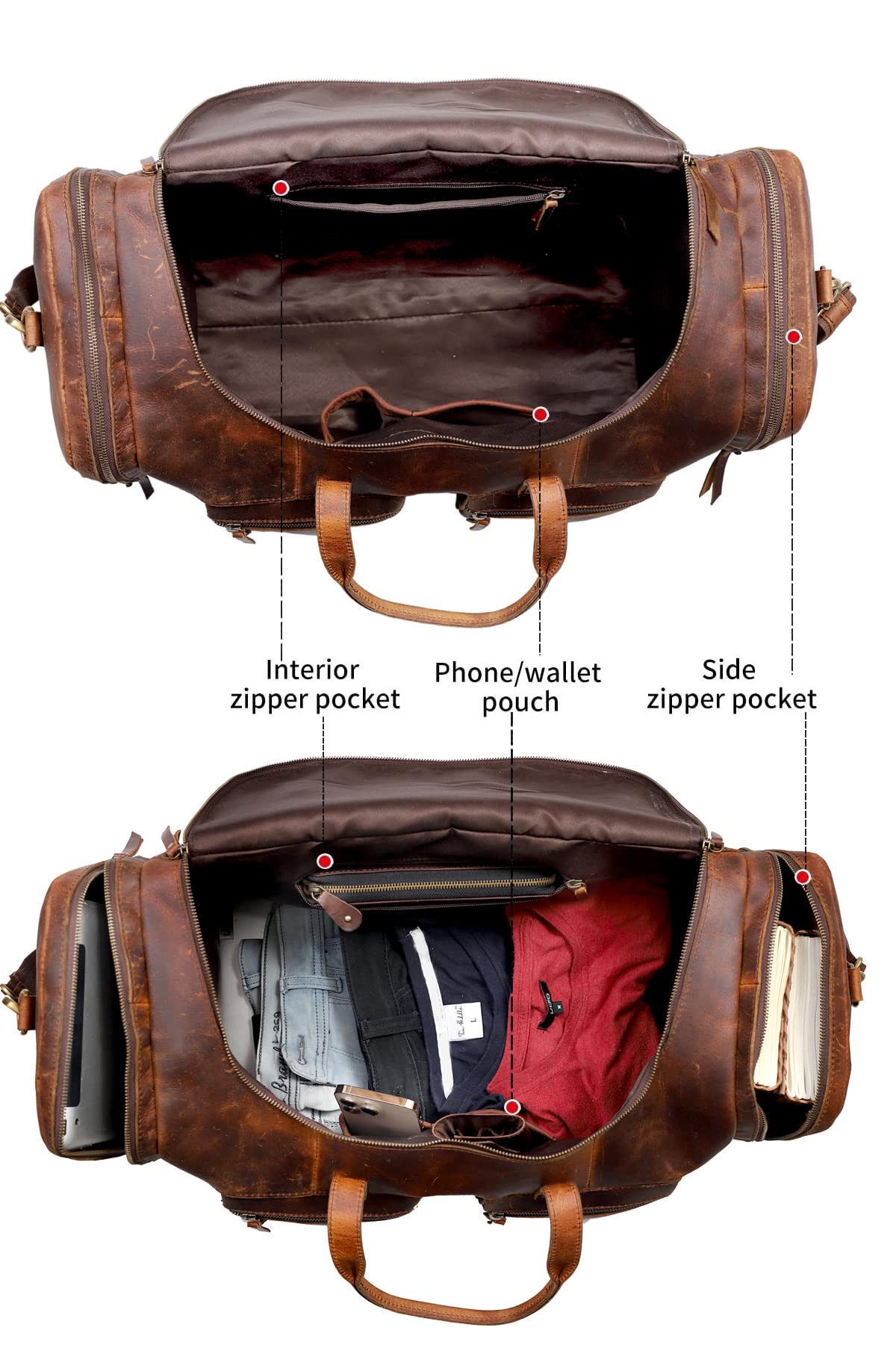 28" Vintage Duffel Classic Style with Modern Outlook Retro Thick Full Grain Cowhide Handmade Airplane Underseat Carry On Bags Leather Gym Overnight Luggage Bag (24 inch)
