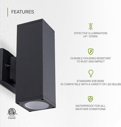 ASD 2 Light Square Outdoor Wall Light Fixture | 120W E26 Socket 120V ETL Cylinder Up Down Lights | LED/CFL/Incandescent Bulb Exterior Wall Sconce | Front Door, Porch, Patio Lighting | Black