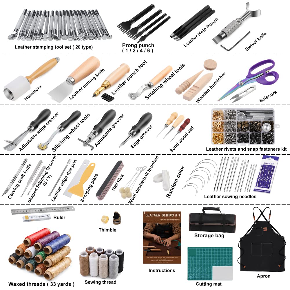 Tikjiua 456Pcs Leather Working Tools with Apron and Tooling Bag, Leather Craft Kit with Tools for Stamping, Carving, Sewing, Beveling, Cutting, Crafting