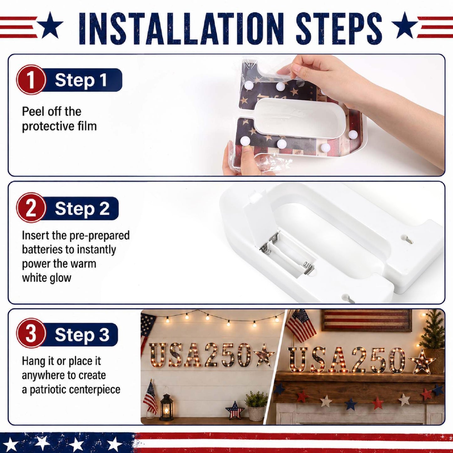 7 Pcs 8.5" USA 250th Anniversary Light Up Marquee Letters Sign, 1776–2026 American Flag Large LED Letters, Patriotic 4th of July Independence Day Decorations for Home Decor, Table Centerpiece & Party