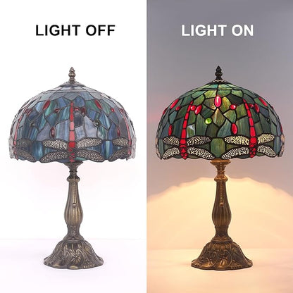 Tiffany Table Lamp Stained Glass Bedside Table Lamp Desk Reading Light 12 Inches Bedroom Living Room Home Office Decor Lamp（Red Dragonfly）