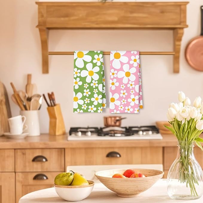 70s Retro White Daisy Floral Kitchen Towels Set of 2, Floral Aesthetic