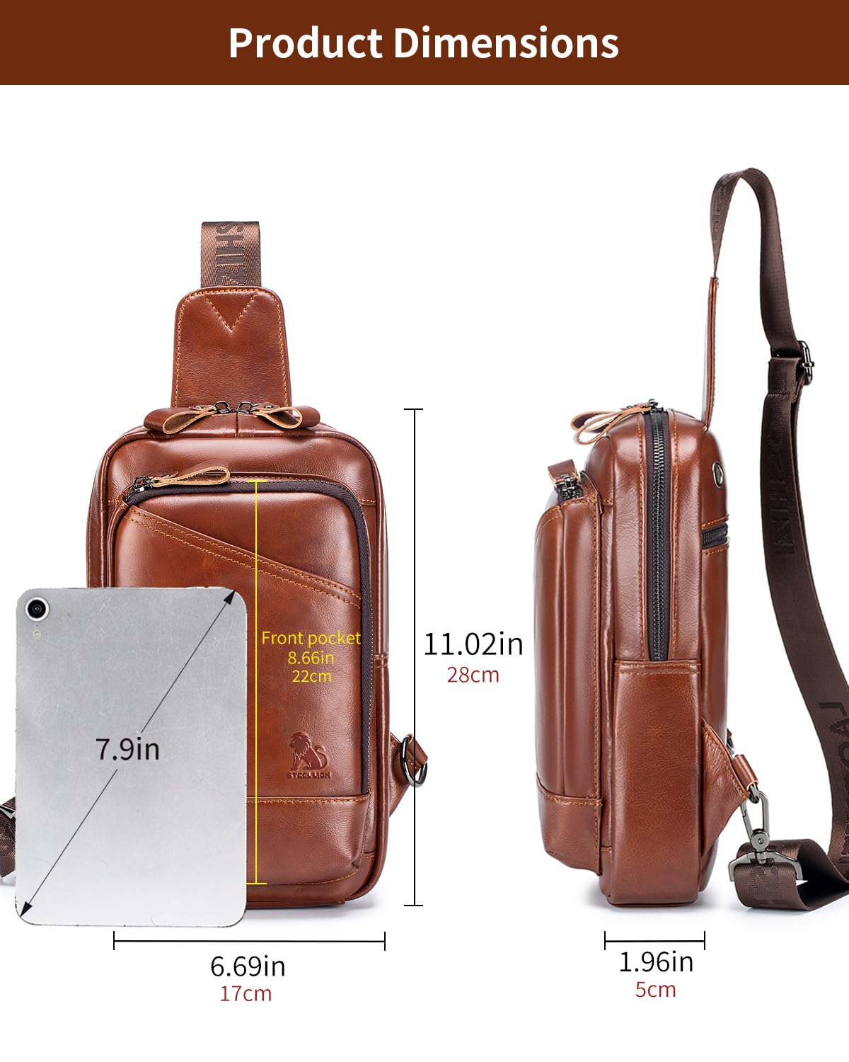 STEELLION Leather Crossbody Bag for Men, Genuine Cowhide Chest Bag with Large Capacity, 3 Card Slots, 2 Pen Holders and Organizer, Men's Sling Bag for Business, Travel, Casual and Daily Use (Brown)