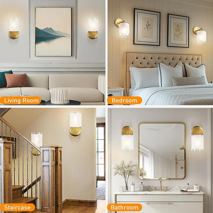 Gold Bathroom Wall Sconces Set of Two, Modern Vanity Light Fixtures with Frosted Glass Shade, Bathroom sconces wall decor set of 2 for Bedroom Living Room Mirror Hallway Kitchen(Bulbs Not Included)