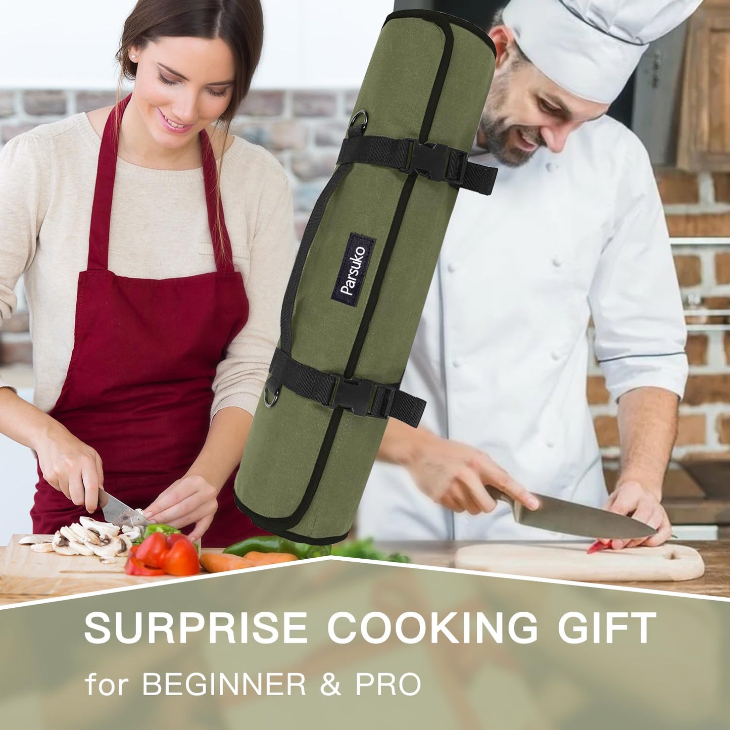 Parsuko Chef Knife Roll Bag,Waterproof Waxed Canvas Knife Case Holds,Knives Roll Bags for Chefs Professional with Adjustable Strap,Chef Backpack with 10 Knife Slots and a Large Zippered Pocket