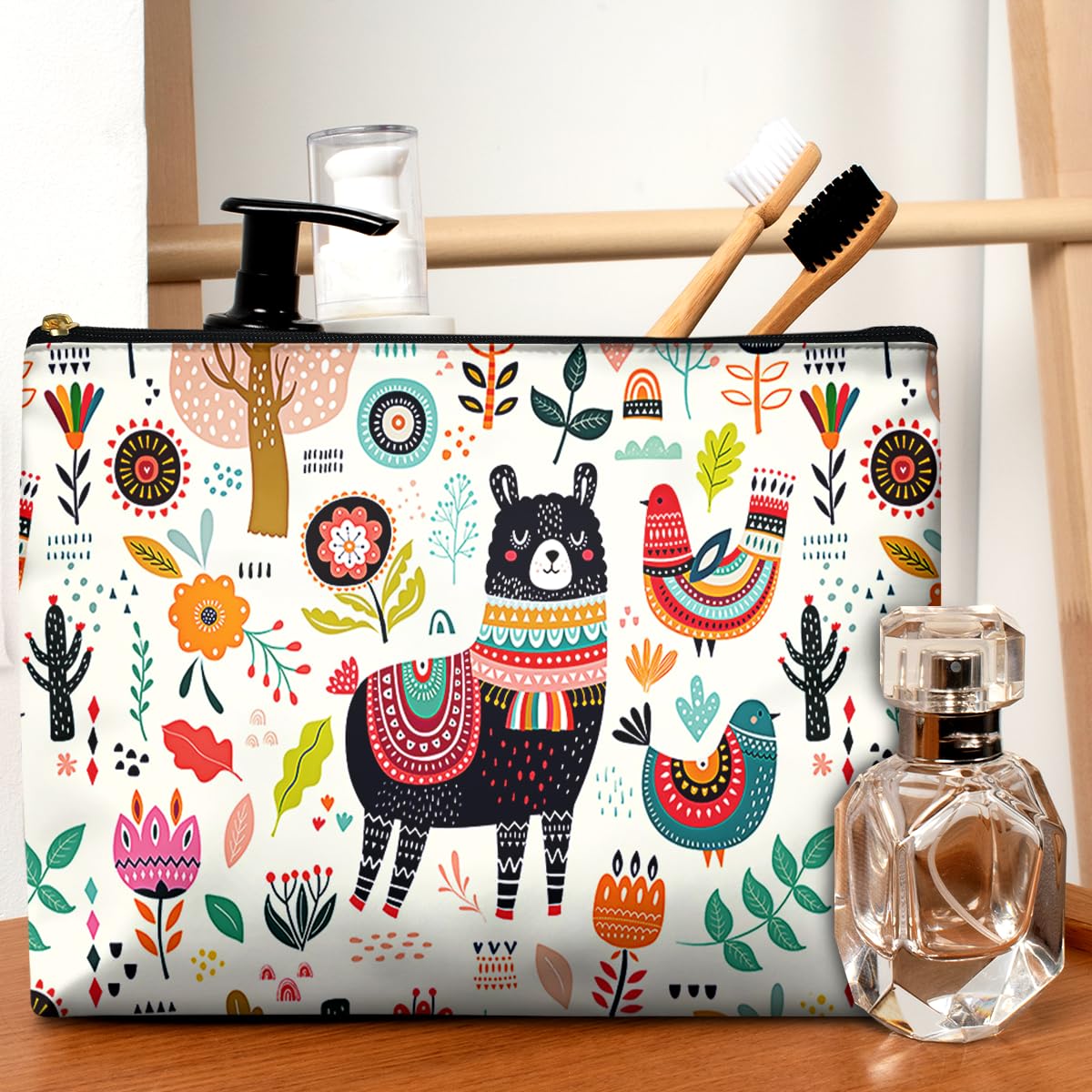 GEGEPINK Cute Makeup Bag for Purse Waterproof Cosmetic Bags for Women Funny Smooth Zipper Travel Toiletry Pouch 10X8 Inches-Creamy Alpaca Makeup pouch