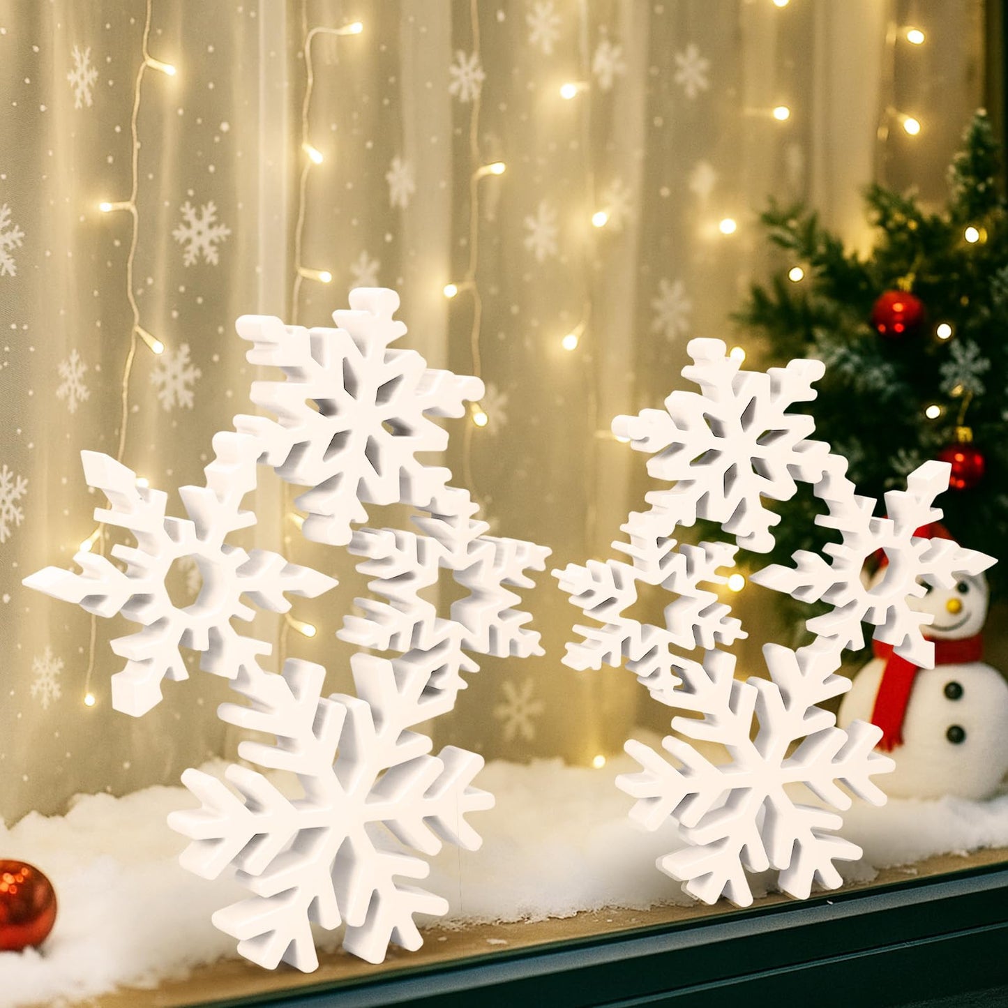 Thyle 2 Sets Christmas Wooden Snowflake Decorations 12.2 Inches 9.5 Inches 3D Winter White Snowflake Tabletop Sign Wonderland Wood Blocks for Xmas Centerpiece Farmhouse Rustic Home Decor
