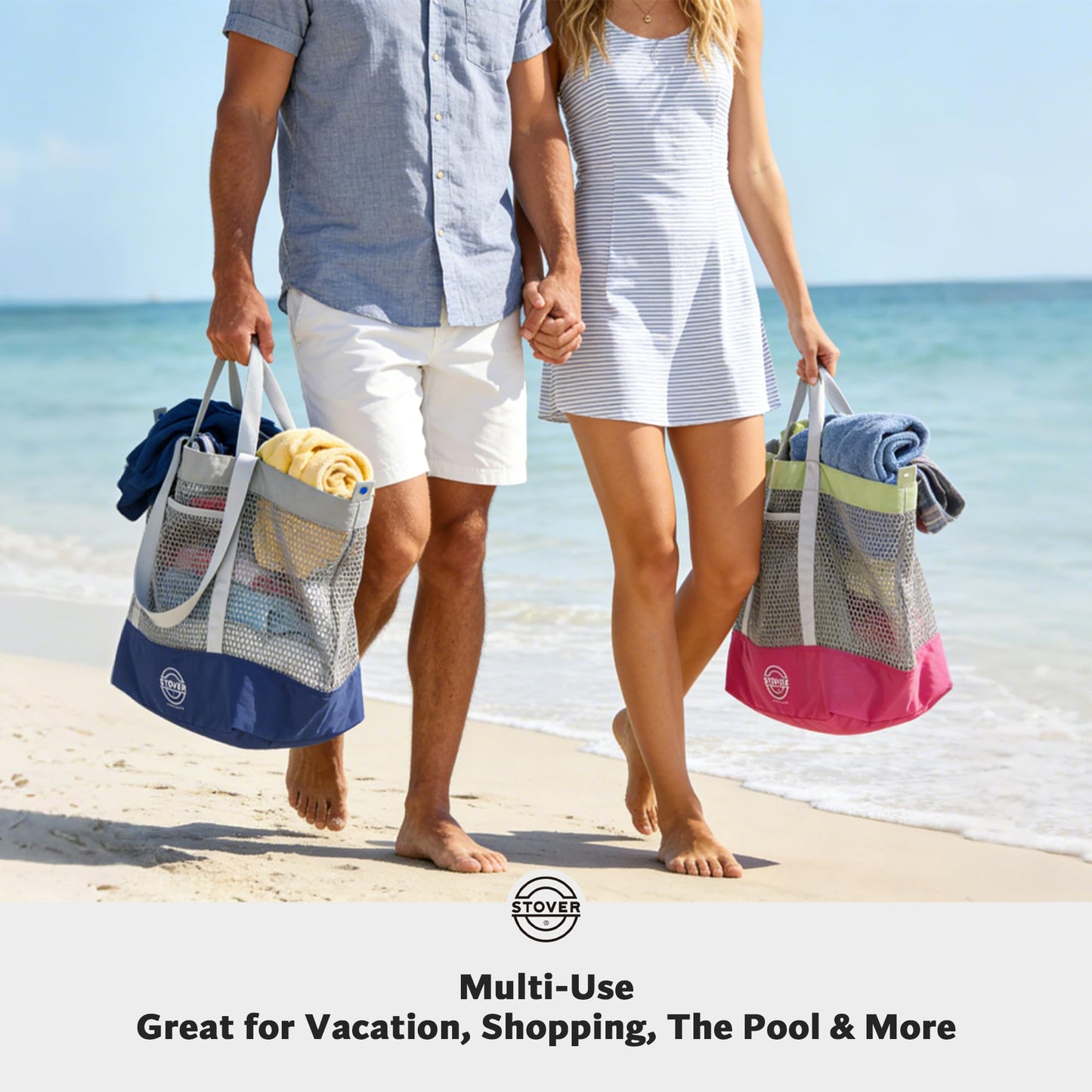 STOVER Extra Large Mesh Nylon Beach Bag, Vacation, Pool, Shopping, Toy, & Travel Tote - Foldable w/Storage Pouch & Pockets for Women, Men & Families - Heavy-Duty and Water-Resistant (Coastal Grey)