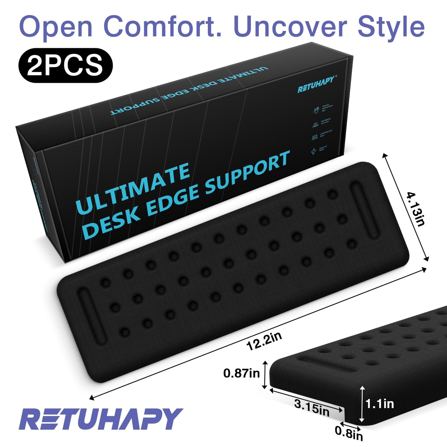 Retuhapy L-Shaped Desk Edge Cushion, 2 PCS Elbow Rest for Desk with Ergonomic Support, Memory Foam Elbow Pad & Arm Rest for Palm, Wrist & Forearm, Non-Slip & Separate Design, Office & Home, Black