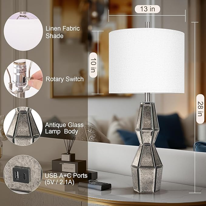 28" Vintage Table Lamps for Bedroom,Antique Bedside Lamp for Living Room with USB A+C Ports,Glass Table Lamps with Linen Shade,3-Way Dimmable Bulb,Nightstand Lamp for Home Hotel Decor(Bulb Included)