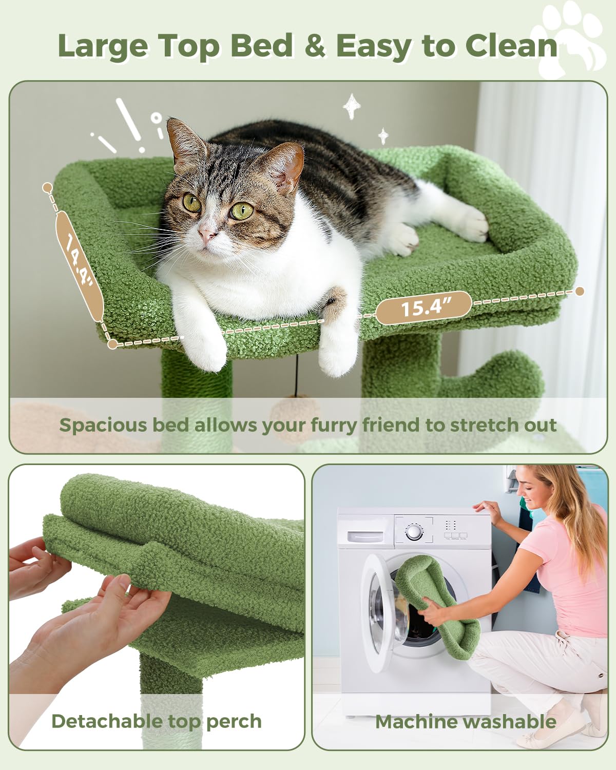 Cactus Cat Tree 35.4"- Medium Cat Tower w/Sisal Scratching Post, Cat Condo for Indoor Cats, Large Padded Top Perch, Comfy Hammock, and 2 Dangling Balls for Small-Medium Cats, Green
