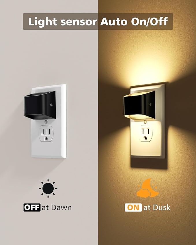 VOLISUN Night Lights Plug into Wall, 6 Pack Up and Down LED Night Light with Dusk to Dawn Light Sensor, 3000K Warm White Nightlight for Hallway, Bedroom, Bathroom, Kitchen Black