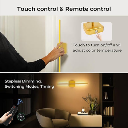 10000mAh Detachable Battery Operated Wall Sconce Set of 2, Wireless Wall Lamp 3000-6500K Dimmable, Rechargeable Wall Light for Bedroom, Living Room, 28.3" Gold
