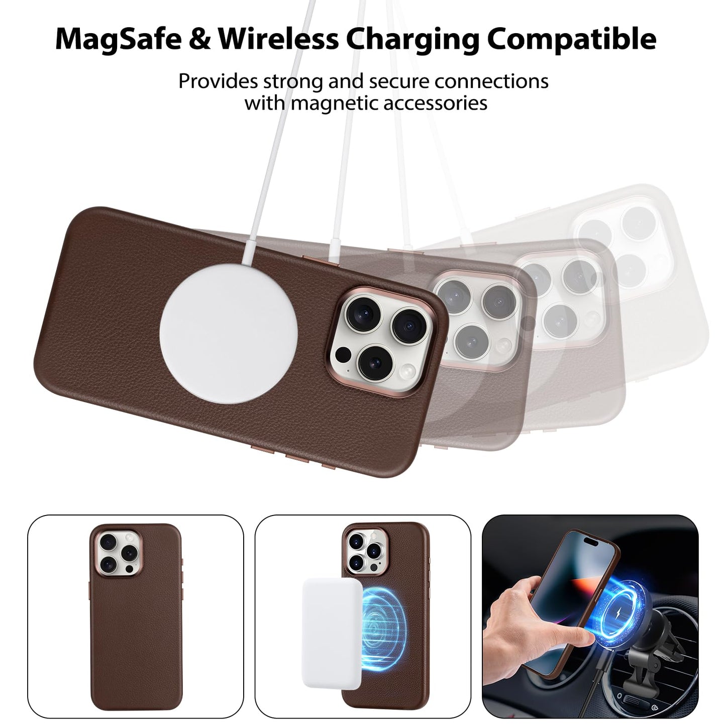 Belemay Compatible with iPhone 15 Pro Max Leather Case, Compatible with MagSafe - Luxury Tumbled Leather - Metal Buttons & Lens Protector - Slim Fit&Durable - Distinctive Texture (6.7-inch) - Brown