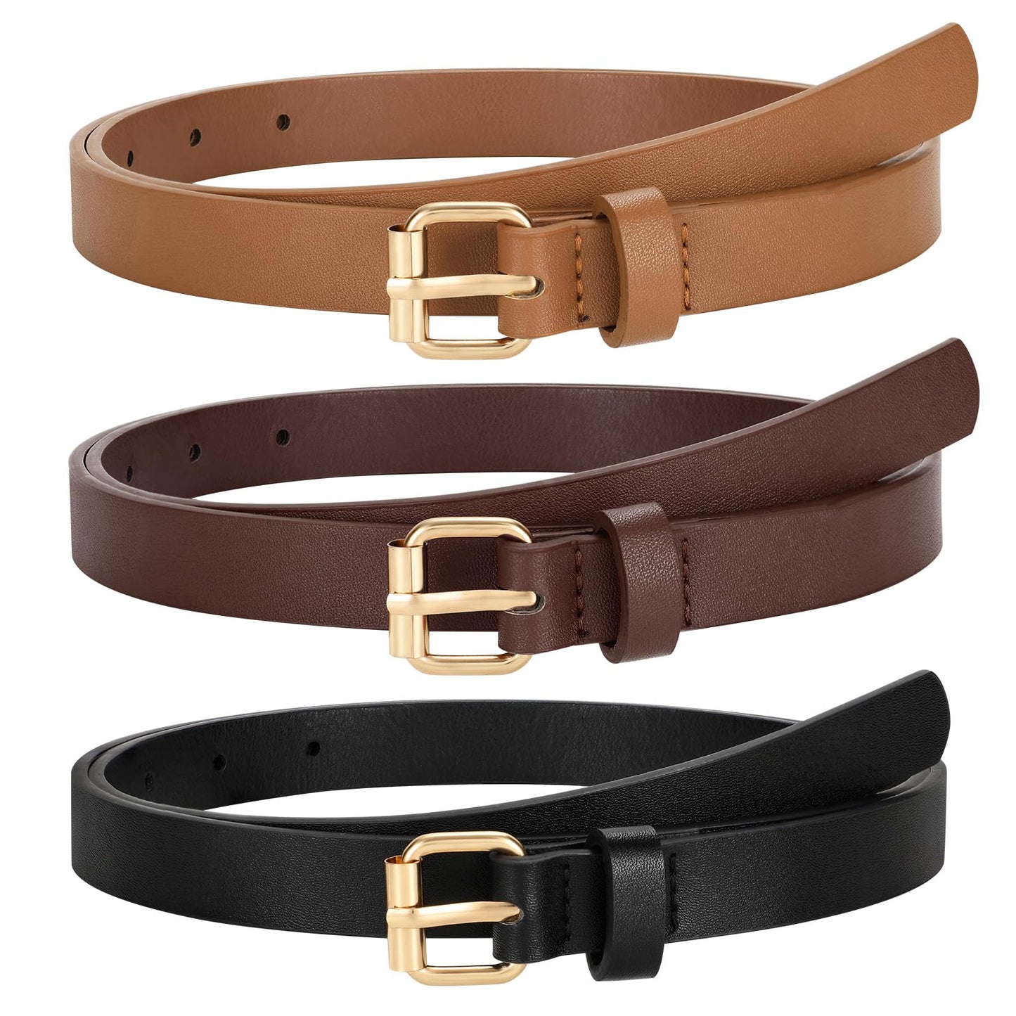 TRIWORKS 3 Pack Women Skinny Leather Belt for Jeans Pants Dress Ladies Thin Waist Belt with Gold Buckle