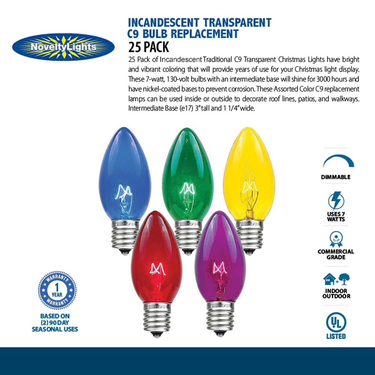 Novelty Lights Incandescent Christmas Replacement Bulbs - Indoor/Outdoor Individual Bulbs for Christmas Tree, Display, & More - C9/E17 Intermediate Base, 7 Watt Lights (Red, 25 Pack)