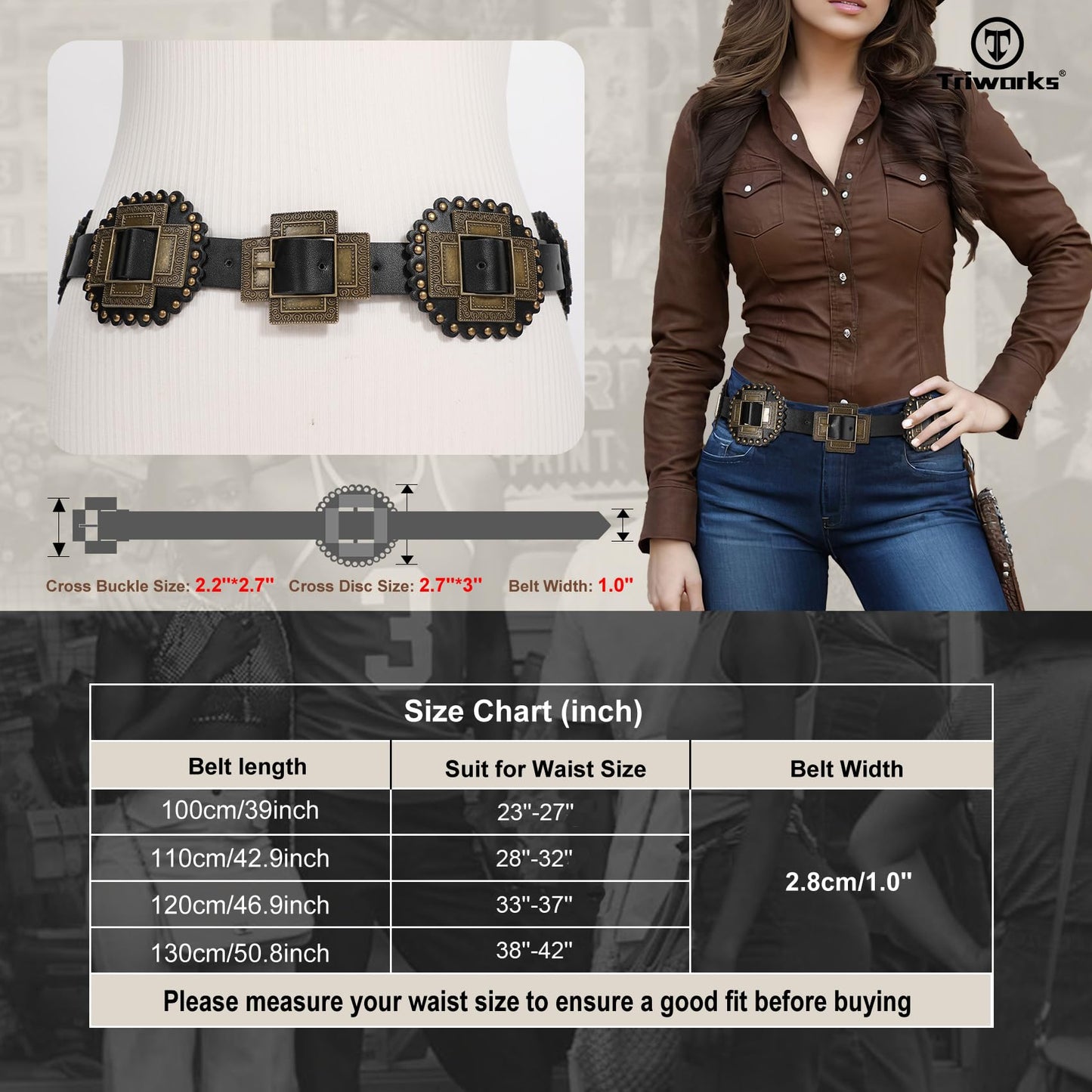 TRIWORKS Women Western Concho Leather Belt Cowgirl Boho Belt Chunky for Dresses Concert Festival
