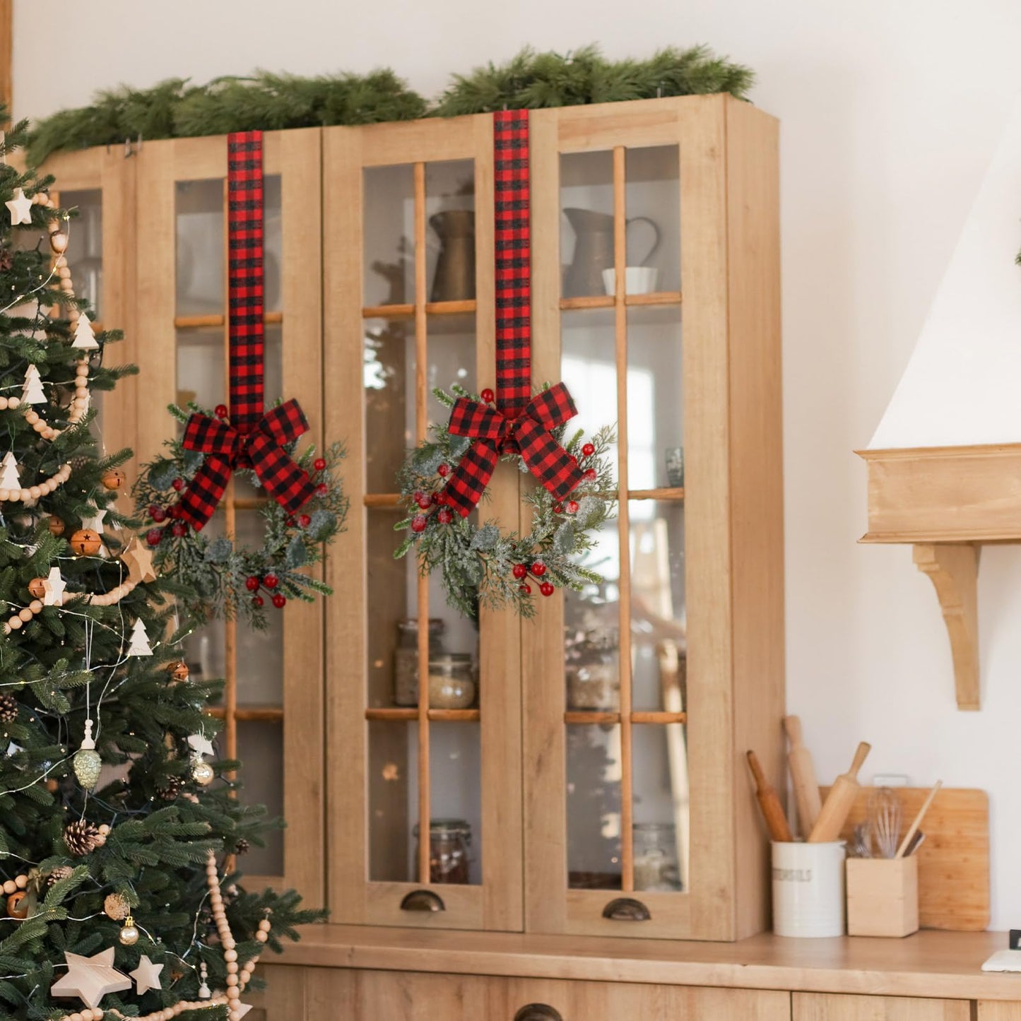 Syhood 2 Pieces 9" Mini Christmas Wreath Mini Cabinet Wreaths for Kitchen Christmas Red Berry with Red and Black Plaid Bow Farmhouse Wreath for Holiday Xmas Party Decorations(Buffalo Plaid Bow)