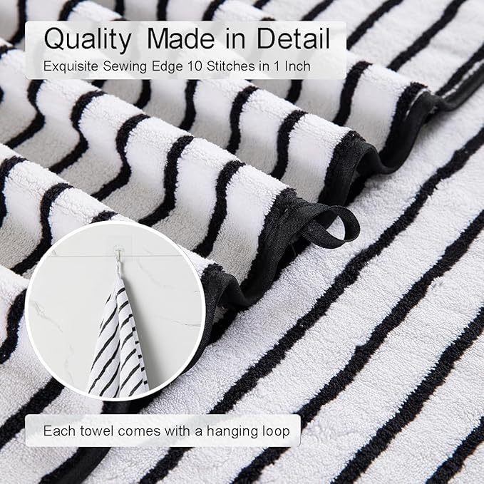 Oliven 8 Pcs Black White Cabana Stripe Large Bath Towel Set Oversize Bath
