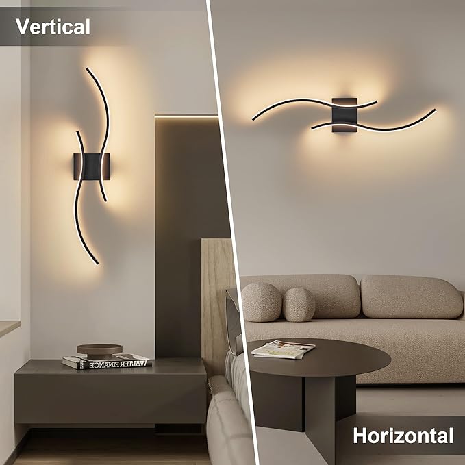Battery Operated Wall Sconces Set of Two with Remote Control, Stepless Colors 3000K-6000K & Dimming, LED Black Wireless Wall Light for Living Room, Hallway, Bedroom, 31.5 Inch (2 Pack)