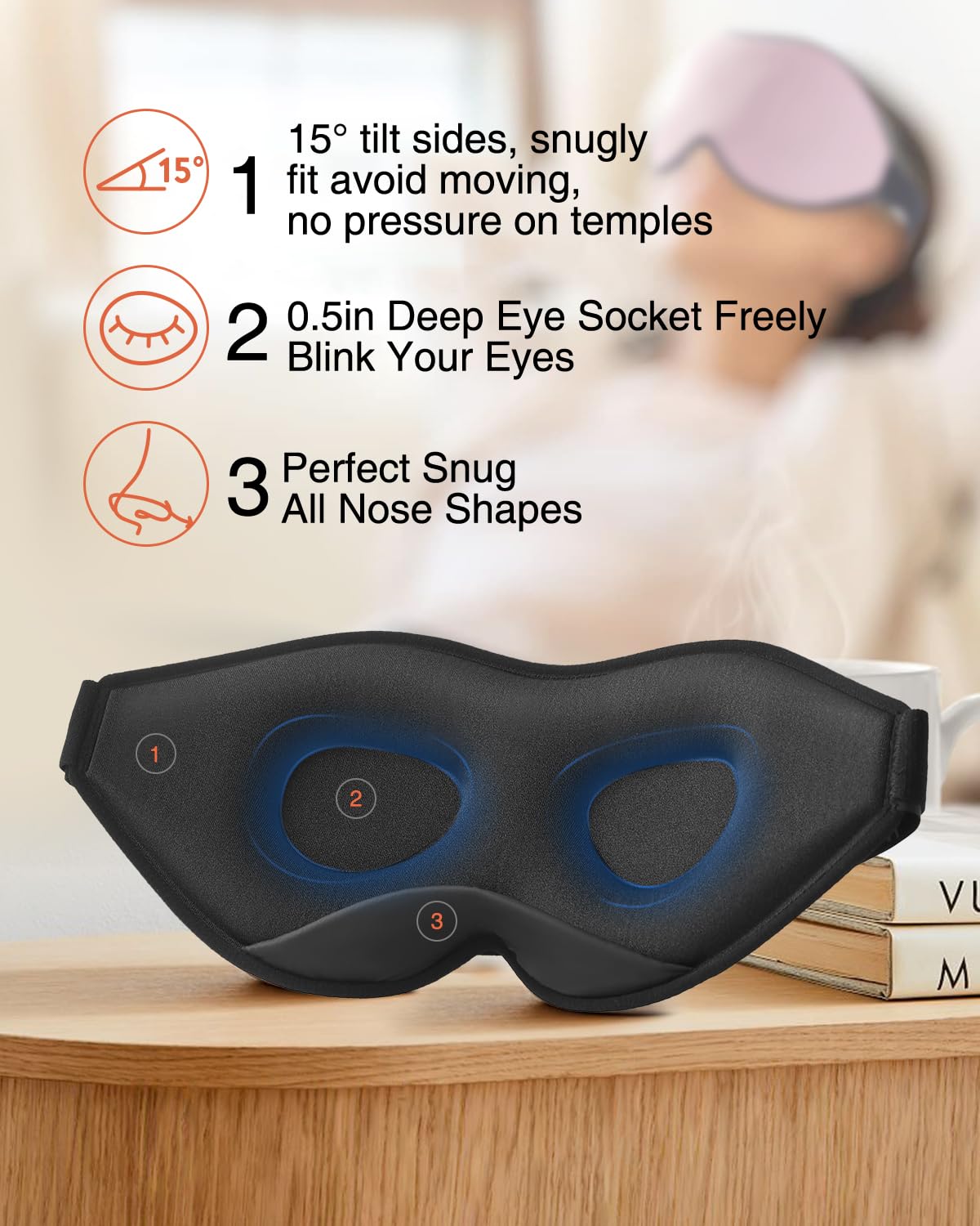 MABAO Sleep Mask for Side Sleeper, Eye Mask for Sleeping Women Men, 3D Contoured Cup No Eye Pressure 100% Light Blocking Sleeping Mask with Adjustable Strap Night Blindfold Flight, Travel, Nap, Black