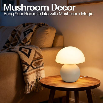Small Mushroom Lamp,USB-Plug in Bedside Table Lamps with 3-Temperature LED Bulb Dimmable,Unique Cute Aesthetic Home Decor for Living Room,Bedroom, Modern Ceramic Base Glass Lamp(White)